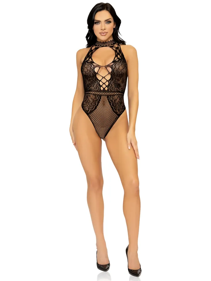 Teddies And Bodies | Leg Avenue Net and Lace Keyhole Halter Bodysuit - One Size Teddies And Bodies | Leg Avenue Net and Lace Keyhole Halter Bodysuit - One Size