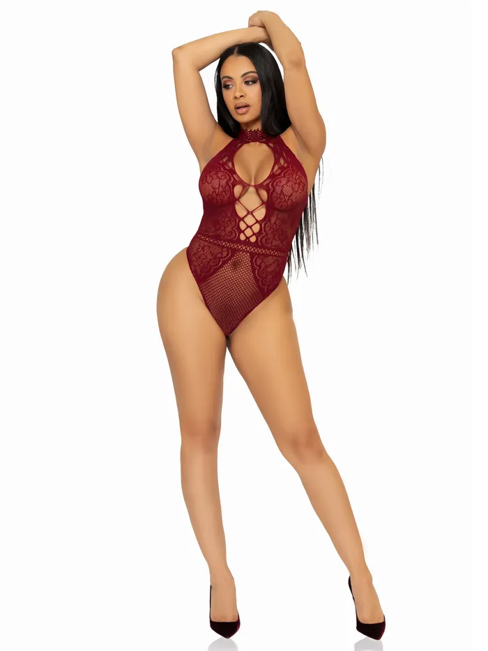 Teddies And Bodies | Leg Avenue Net and Lace Keyhole Halter Bodysuit - One Size Teddies And Bodies | Leg Avenue Net and Lace Keyhole Halter Bodysuit - One Size