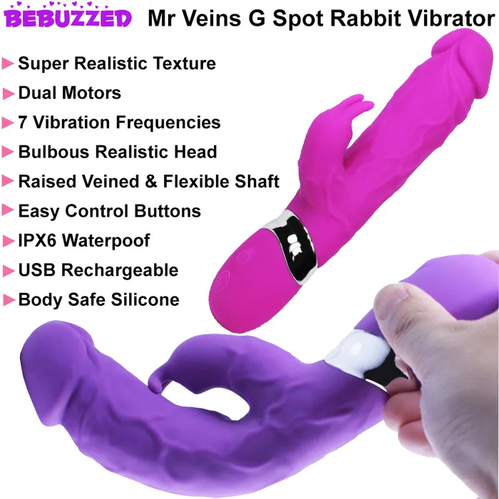 Bebuzzed Mr Veins GSpot Rabbit Vibrator Clitoral Stimulator USB Pink BeBuZZed Vibrators