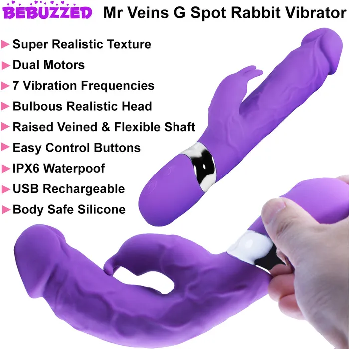 Bebuzzed Mr Veins GSpot Rabbit Vibrator Clitoral Stimulator USB Purple BeBuZZed Vibrators