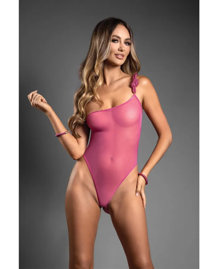 Fantasy Lingerie Vibrators Domina OneShoulder Sheer Teddy Rope Cuffs Pink SM