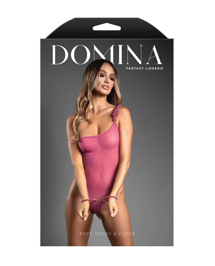 Fantasy Lingerie Vibrators Domina OneShoulder Sheer Teddy Rope Cuffs Pink SM