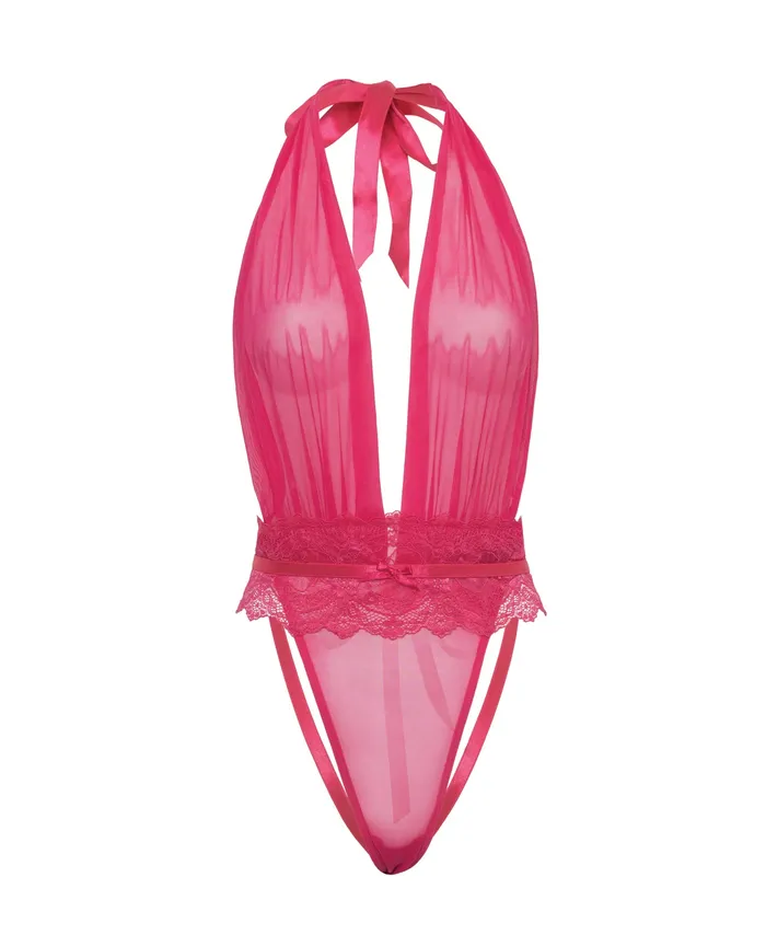 Vibrators Maylah Mesh Lace Halter Teddy Pink LXL Oh La La Cheri